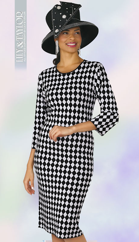 Lily And Taylor 634-BW ( 1pc Womans Knit Church Dress With Nouveau Diamond Check Pattern ) - Hat