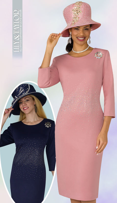 Lily And Taylor 4090-MA ( 1pc Scuba Knit Womens Church Dress With Rhinestone Embellisments And Brooch ) - Hat