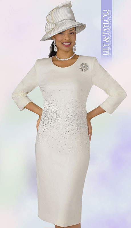 Lily And Taylor 4090-IV ( 1pc Scuba Knit Womens Church Dress With Rhinestone Embellisments And Brooch ) - Hat
