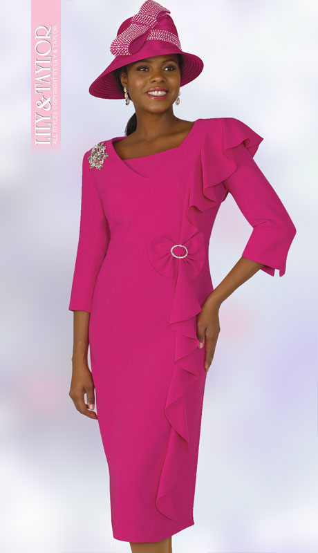 Lily And Taylor 3943-FU ( 1pc Exclusive Church Dress With Three Quarter Sleeves and Draped Ruffle With Brooch ) - Hat