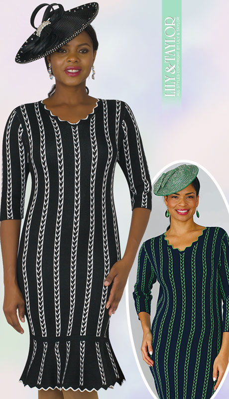 Lily And Taylor 625-BI ( 1pc Knit Womans Sunday Church Dress With Vertical Stripes And Flared Hem ) - Hat