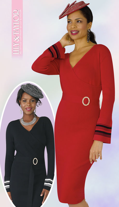 Lily And Taylor 626-RE ( 1pc Knit Womans Church Dress With Stripe Trim, Flared Sleeves And Jeweled Belt ) - Hat