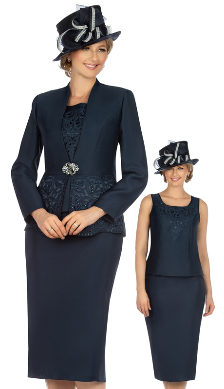 Giovanna G1088-NA ( 3pc Silk Look Womens Collarless Church Suit With Cutouts And Beading )-Hat