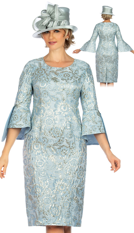 Giovanna D1517-BL ( 1pc  Brocade Bell Slit 3/4 Sleeve Shift Dress )-Hat