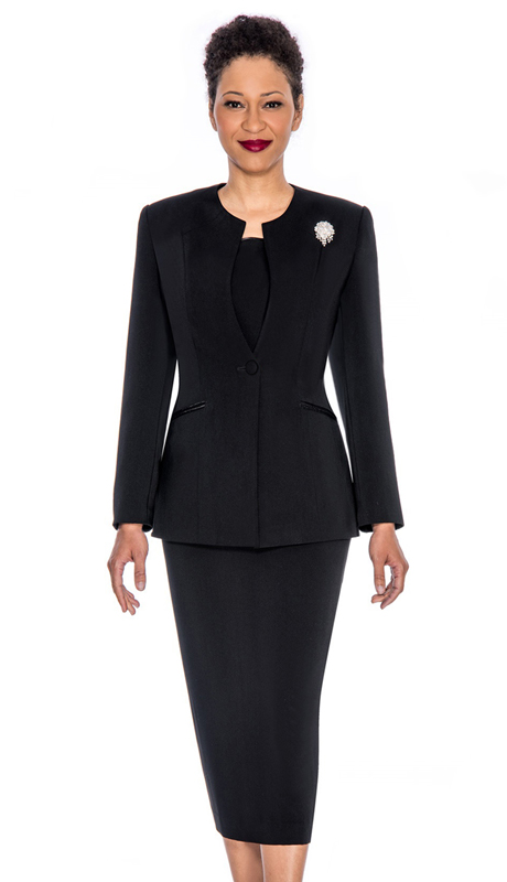 Giovanna 0708-BLK-CO ( 3pc Womens PeachSkin Suit With Detachable Brooch And Collarless Jacket )