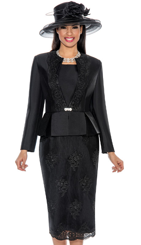 Giovanna 0844-BLK-H ( 3pc Silk Look Ladies Church Suit With Peplum, Jacket, And Lace Overlay )-Hat