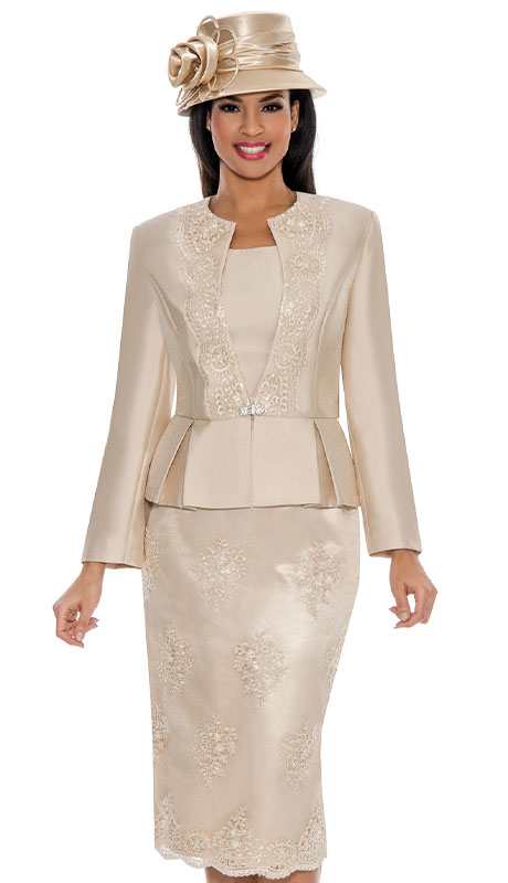 Giovanna 0844-CHM-H ( 3pc Silk Look Ladies Church Suit With Peplum, Jacket, And Lace Overlay )-Hat