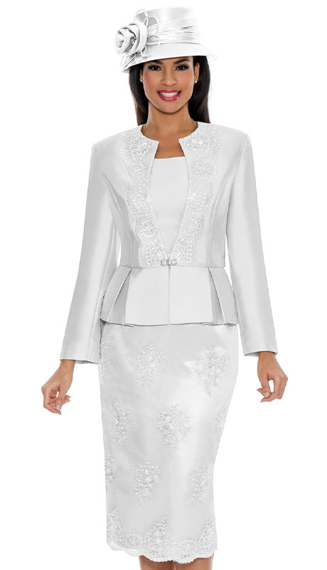 Giovanna 0844-WHT-H ( 3pc Silk Look Ladies Church Suit With Peplum, Jacket, And Lace Overlay )-Hat