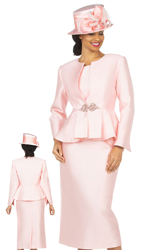 Giovanna G1150-PNK-H ( 3pc Silk Look Ladies Church Suit With Peplum And Rhinestone Clasp )-Hat
