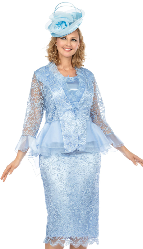 Giovanna 0929-BLU ( 3pc Silk Look With Lace Womens Church Suit With Organza Trim ) - Hat