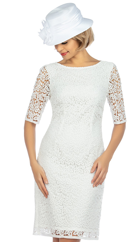 Giovanna D1513-WH (1pc Elegant Lace Elbow Length Sleeves Dress For Church ) - Hat