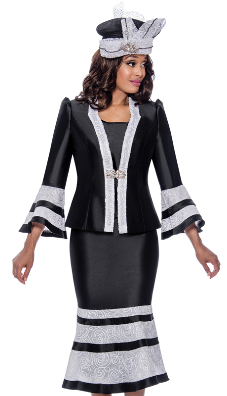 GMI 8103-BW ( 3pc Silk Look Womens Church Suit With Jeweled Clasp Jacket And Lace Embroidery Skirt )-Hat