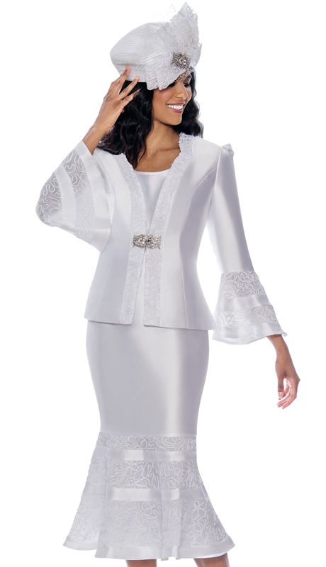 GMI 8103-W ( 3pc Silk Look Womens Church Suit With Jeweled Clasp Jacket And Lace Embroidery Skirt )-Hat