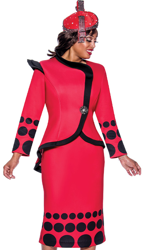 GMI 9222-RWB-IH ( 2pc Scuba Knit Womens Church Suit With Shoulder Flair And Circular Patterned Trim )