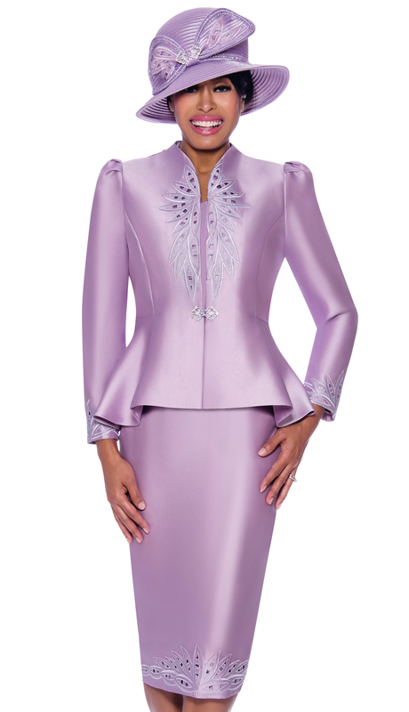 GMI 8052-L ( 3pc Silk Look Ladies Suit For Sunday With Beautiful Laser Cut And Embellished Design On Jacket And Skirt )-Hat