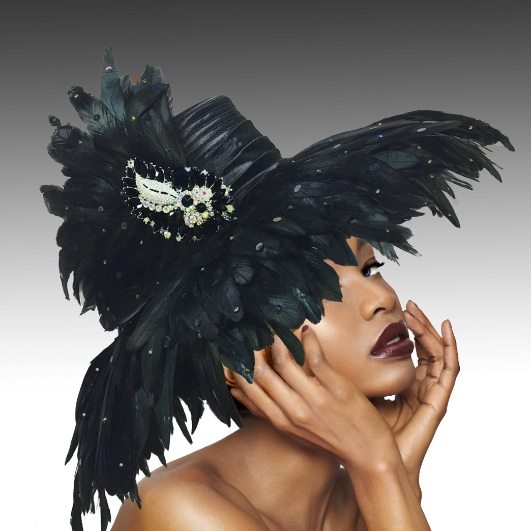 Church Hat 1757 Volcano-BK ( Large Brim Covered In Feathers  With Luxurious Brooch )