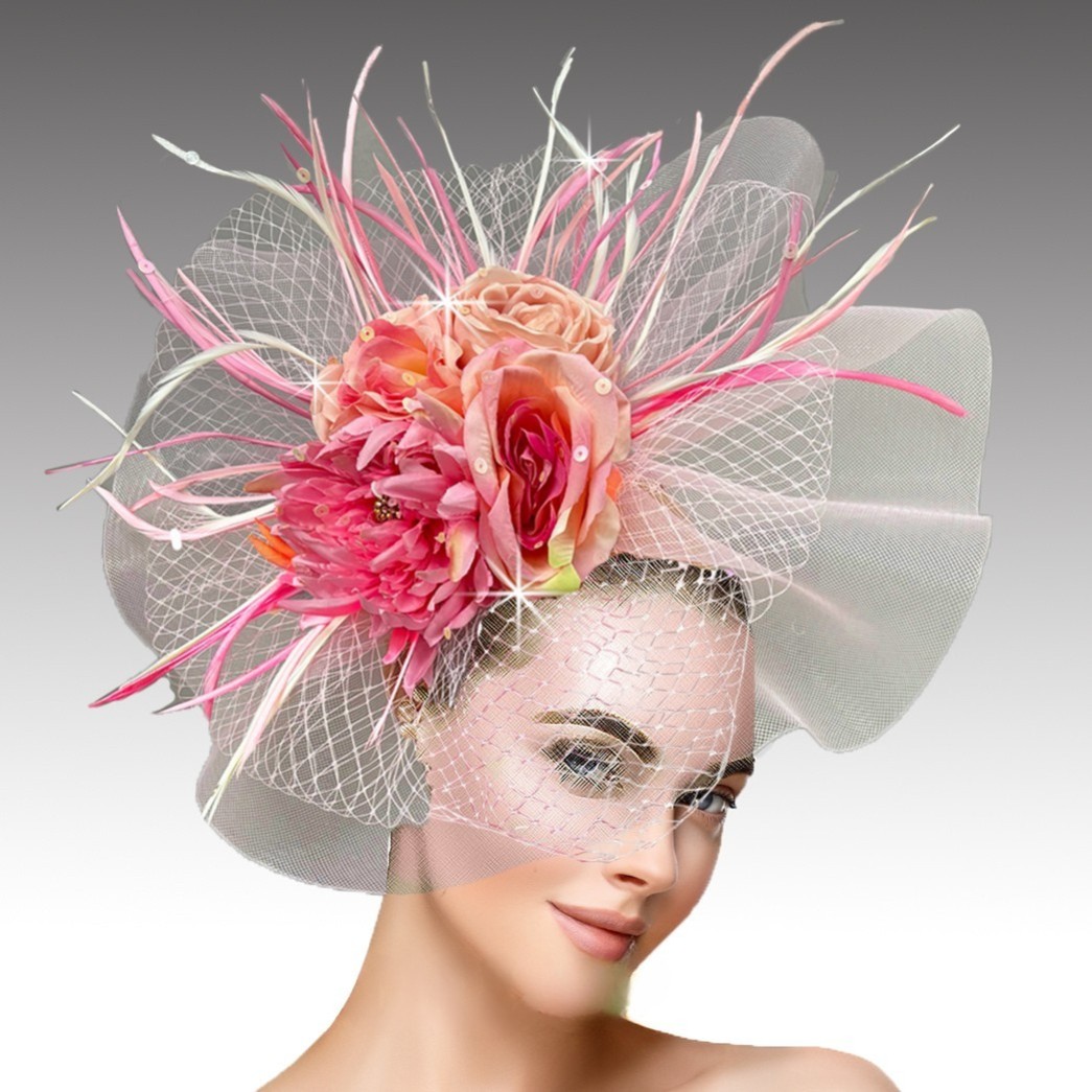Church Hat FA2311 GEORGIA-PI ( Brim Derby Hat with a Luxurious Bouquet of Flowers and Ostrich Plumes )