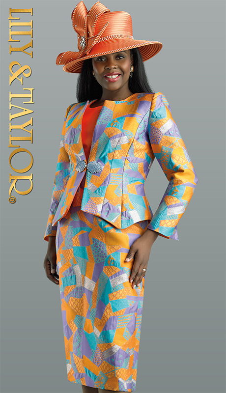 Lily And Taylor 4643-H ( 3pc Jacquard Womens Sunday Suit With Abstract Shape Pattern )-Hat