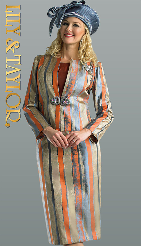 Lily And Taylor 4651-H ( 3pc Novelty Womens Sunday Suit With Painted Stripes, Rhinestone Clasp, And Rhinestone Brooch )-Hat