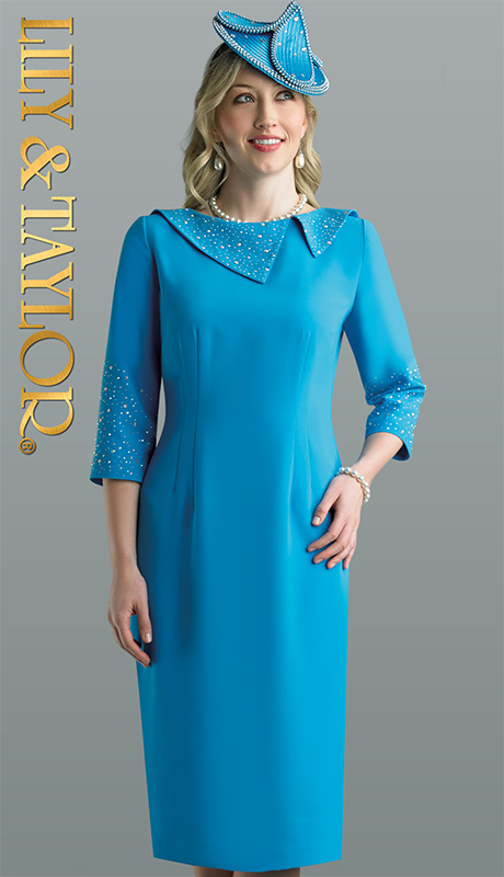 Lily And Taylor 4601-TUR-H ( 1pc Peachskin Ladies Church Suit With Split Rhinestone Neckline )-Hat