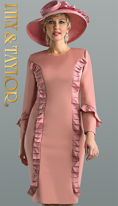 Lily And Taylor 4663-H ( 1pc Ponte Knit Ladies Church Dress With Ruffles And Rhinestone Trim )-Hat