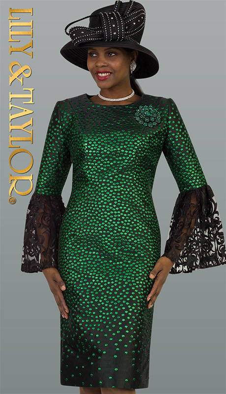 Lily And Taylor 4398 ( 1pc Jacquard Ladies Church Dress With Lace Sleeves And Rhinestones )-Hat