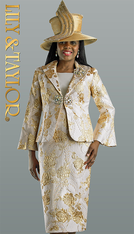 Lily And Taylor 4579-H ( 3pc Jacquard Womens Sunday Suit With Golden Floral Pattern )-Hat