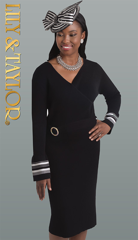 Lily And Taylor 626-H ( 1pc Knit Womans Church Dress With Stripe Trim, Flared Sleeves And Jeweled Belt )-Hat