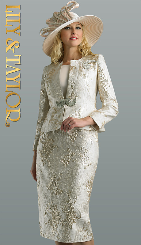 Lily And Taylor 4649-H ( 2pc Jacquard Womens Sunday Suit With Rhinestone Brooch And Clasp )-Hat