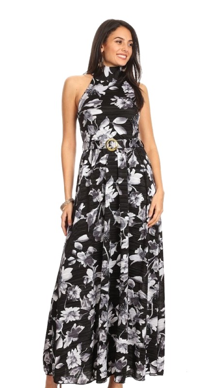 Karen T Designs 8014 ( 1pc Pleated Print Knit Halter Maxi Dress )