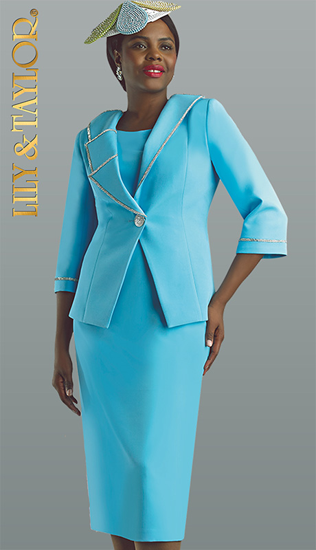 Lily And Taylor 4631-BLU ( 3pc Peachskin Ladies Sunday Suit With Rhinestone Trim )