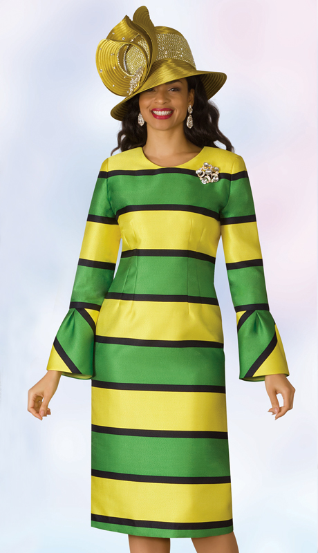 Lily And Taylor 4206-GM ( 1pc Silk Ladies Church Dress With Bell Cuff Sleeves And Brooch )-Hat