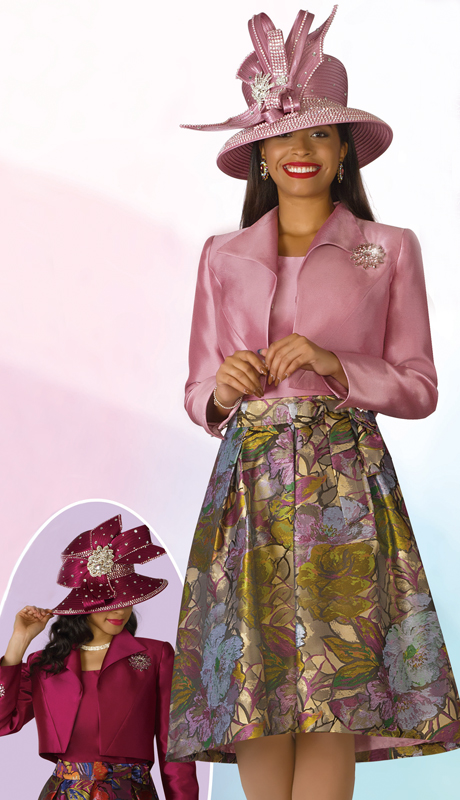 Lily And Taylor 4182-MM ( 3pc Silk Novelty Ladies Sunday Suit With Print Design, Solid Bolero Jacket And Brooch )-Hat