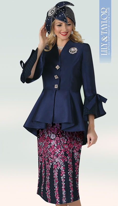 Lily And Taylor 4352-NA ( 2pc Silk Novelty Church Suit With Embroidered Skirt,  Jacket With Pleated Hem, Jeweled Buttons And Brooch ) - Hat