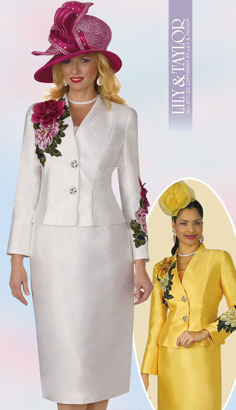 Lily And Taylor 4122-IV ( 2pc Silk Novelty Church Suit With Two Jeweled Button Jacket And Floral Embroidery Trim ) - Hat