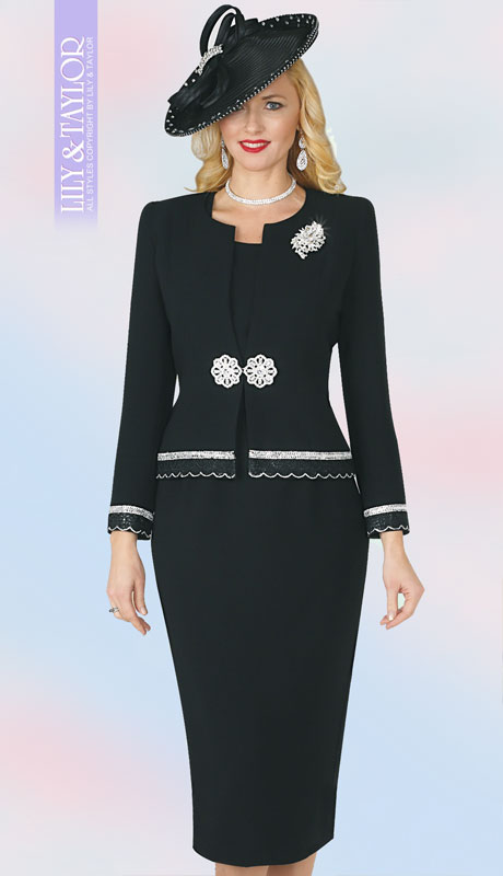 Lily And Taylor 4272-BLK ( 3pc Peach Skin Ladies Church Suit With Jacket, Beaded Trim,  Jeweled Clasp And Brooch ) - Hat