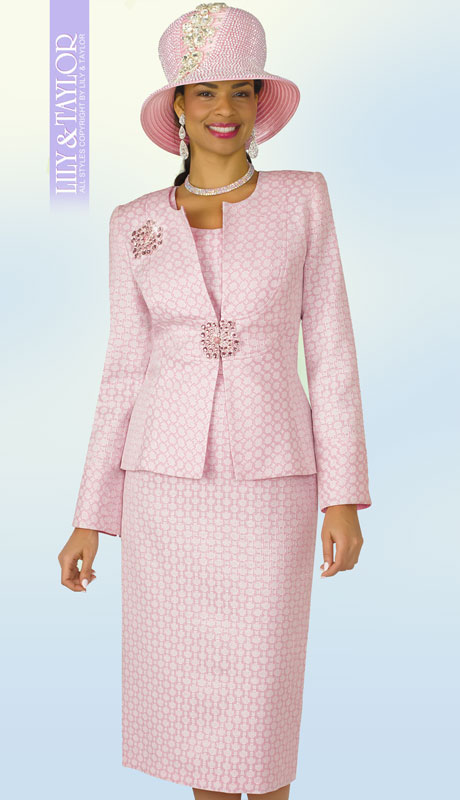 Lily And Taylor 4304-PI ( 3pc Silk Novelty Church Suit With Collarless Jacket And Jeweled ClaspWith Brooch ) - Hat