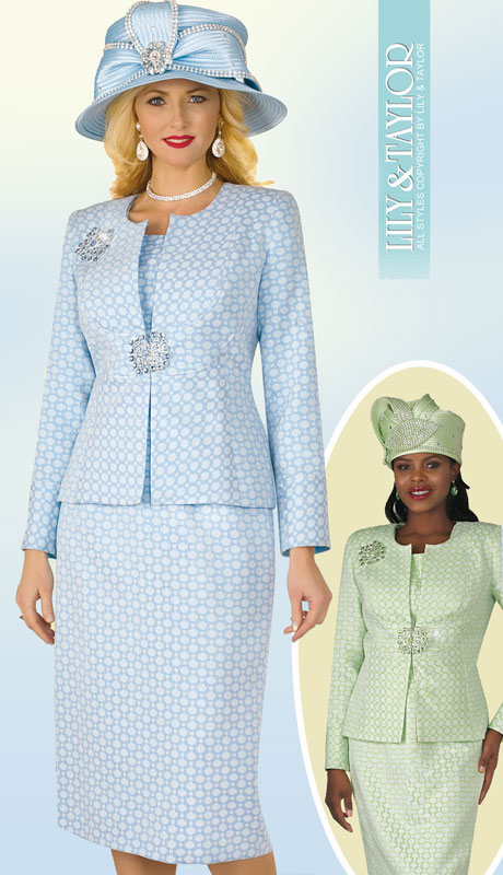 Lily And Taylor 4304-SB ( 3pc Silk Novelty Church Suit With Collarless Jacket And Jeweled ClaspWith Brooch ) - Hat