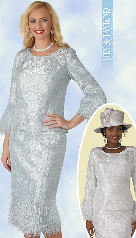 Lily And Taylor 4293-MI ( 2pc Womans Novelty Church Suit With Floral Brocade Pattern, Plume Trim And Jeweled Brooch ) - Hat
