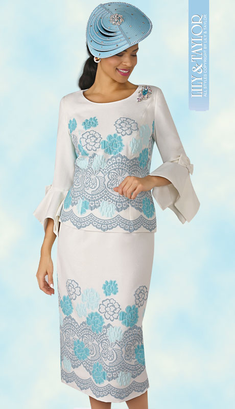 Lily And Taylor 4361-BL ( 2pc Novelty Ladies Church Suit With Applique Pattern, Flared Ruffle Sleeves With Bow Trim And Jeweled Brooch ) - Hat