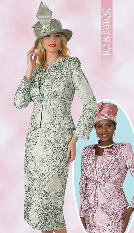 Lily And Taylor 4164-SA ( 3pc Novelty Brocade Womans Suit With Collarless Jacket And Peaked Hem ) - Hat