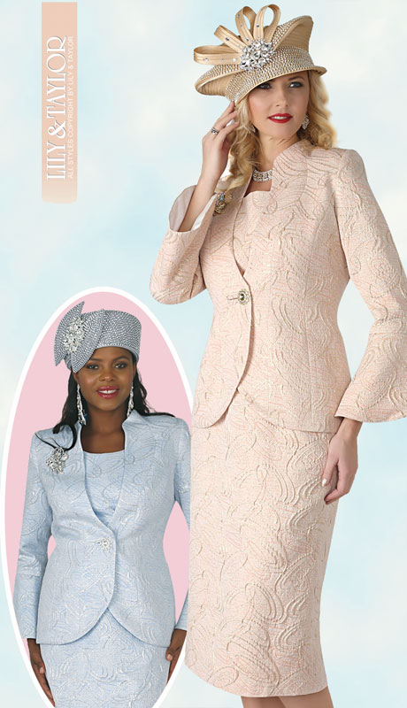 Lily And Taylor 4316-PE ( 3pc Womans Novelty Church Suit With Exclusive Brocade Skirt, French Ruffle Jacket And Rhinestone ) - Hat