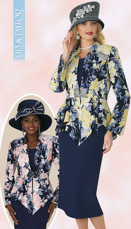 Lily And Taylor 4351-NA ( 3pc Ladies Knit Church Suit With Multi Print Design, Jeweled Belt And Brooch ) - Hat
