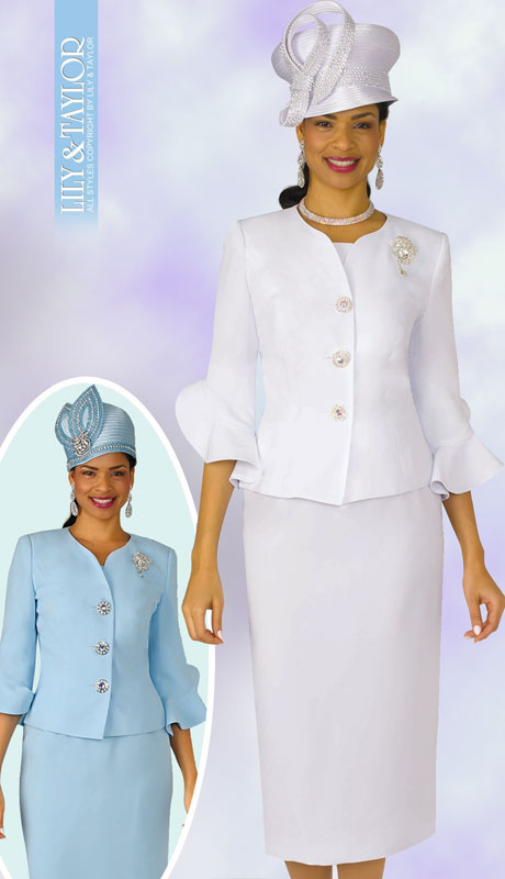 Lily And Taylor 4294-WH ( 2pc Womans Peach Skin Church Suit With Frilly Sleeves And Jeweled Brooch ) - Hat