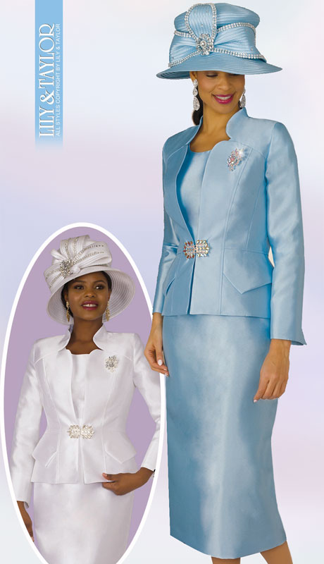 Lily And Taylor 3953-IC ( 2pc Ladies Silk Church Suit With Jacket, Jeweled Belt And Brooch ) - Hat