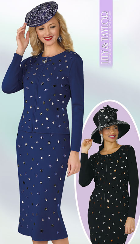 Lily And Taylor 629-RO ( 2pc Ladies Knit Church Suit With Jeweled Multi Colored Rhinestones  ) - Hat