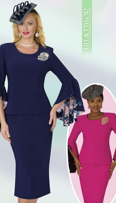 Lily And Taylor 4159-NA ( 2pc Scuba Knit Ladies Sunday Suit With Wide Bell Cuff Sleeves And Brooch ) - Hat