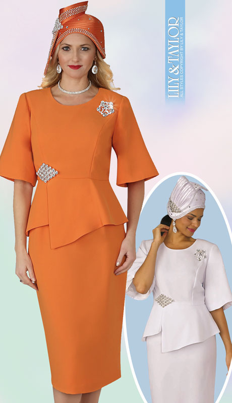Lily And Taylor 4291-OR ( 2pc Peach Skin Ladies Church Suit With Rhinestone Clasp And Brooch ) - Hat
