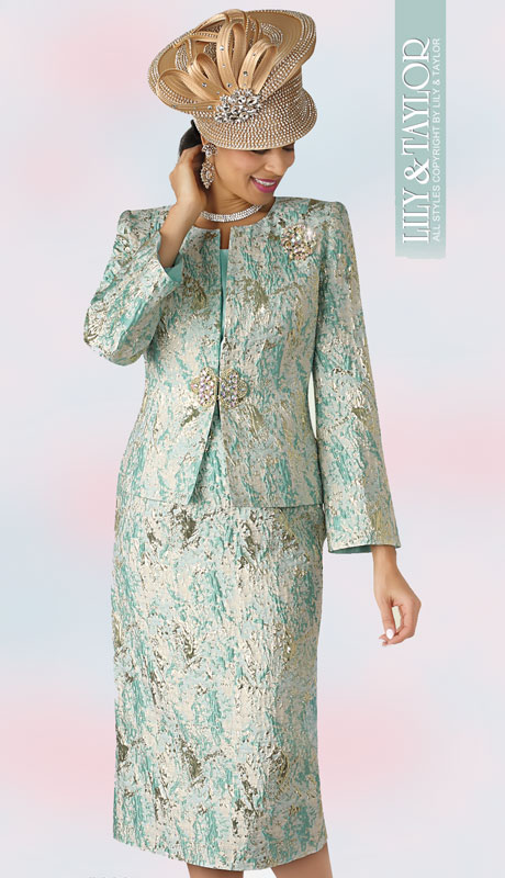 Lily And Taylor 4333-MI ( 3pc Novelty Metallic Sunday Suit With Collarless Jacket And Jeweled Clasp And Brooch ) - Hat