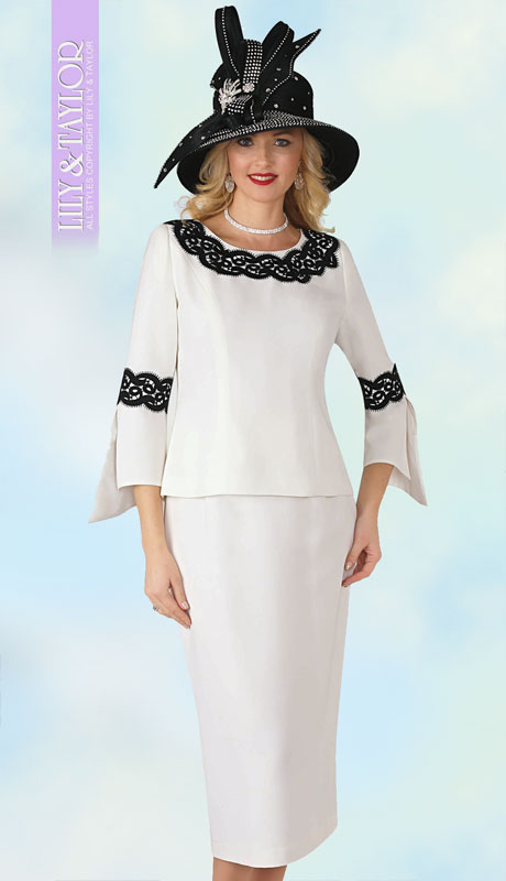 Lily And Taylor 4345-IV ( 2pc First Lady Peach Skin Suit With Laced Sleeves And Collar ) - Hat